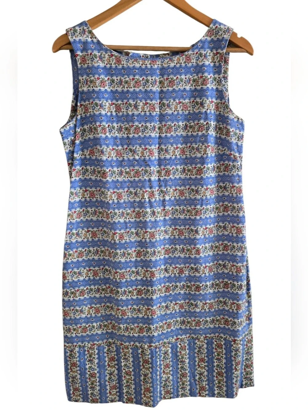 Cottagecore Vintage Blue Calico Floral Stripe Shift Dress Prairie Mod 70s - Picture 3 of 10